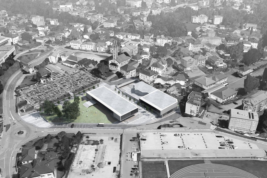 Scuola e palestra Tesserete (visualizzazione aerea rendering), STUDIO BRESSAN, Capriasca, Svizzera, 2015, non realizzato