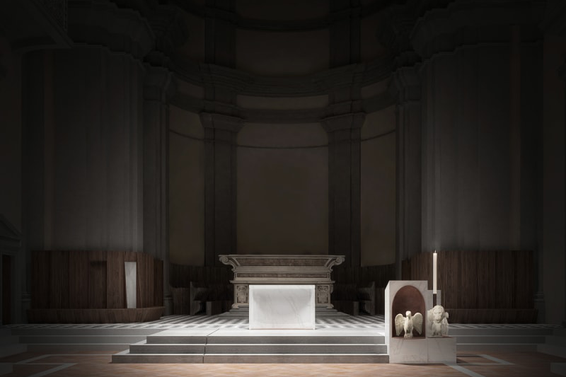 PALINSESTO adeguamento liturgico. Cattedrale Maria Ss. Assunta e S.Giovanni Battista (render interno), OPPS architettura, Pescia, 2018