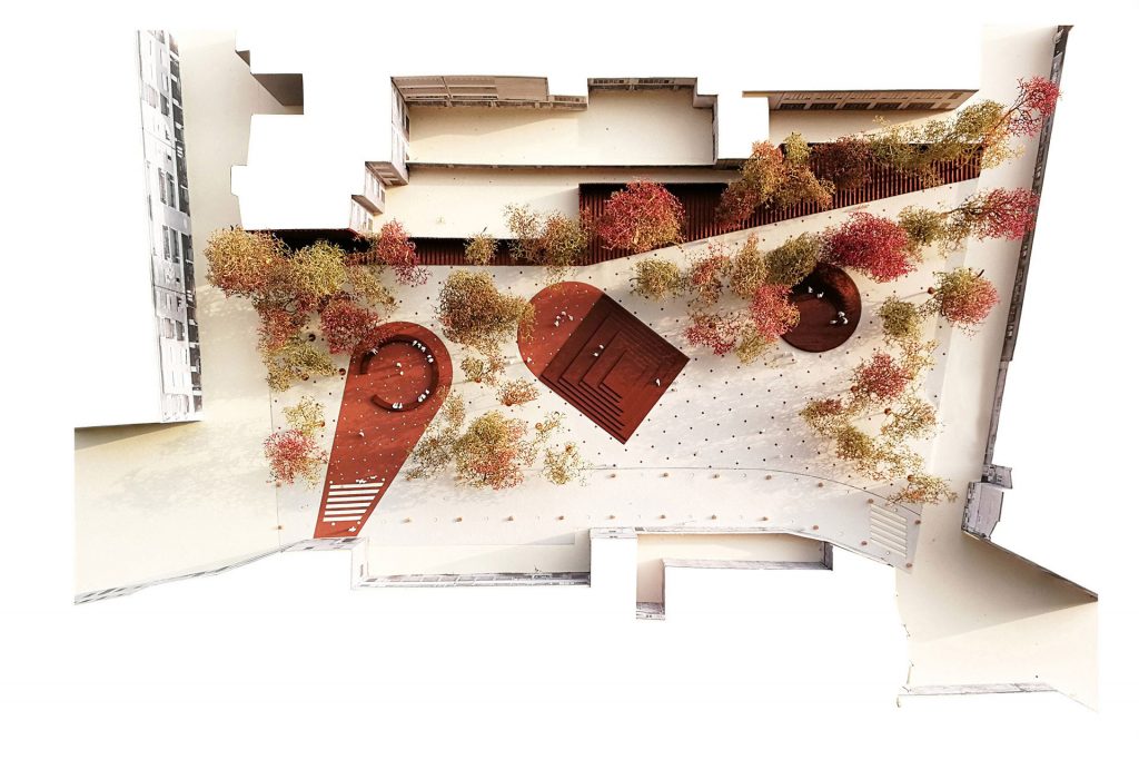 Trittico, una piazza tre spazi (veduta complessiva dall'alto), BDR bureau, Rivarolo Canavese (TO), 2018, non realizzato